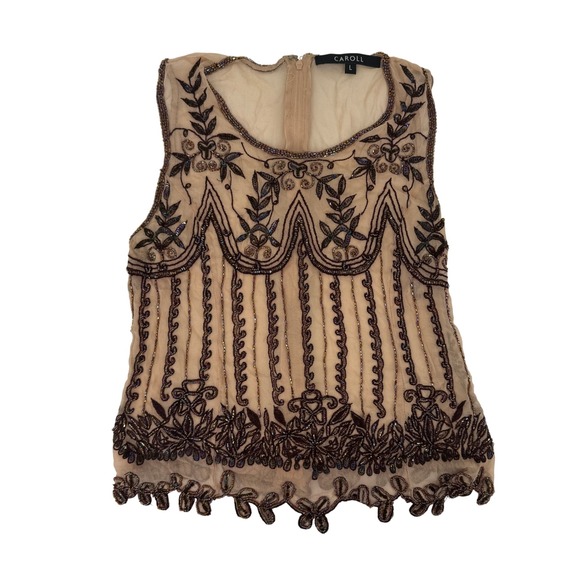 Tops - Caroll Vintage 90's French Sheer Beaded Sleeveless Blouse Peach Chiffon Boho Top